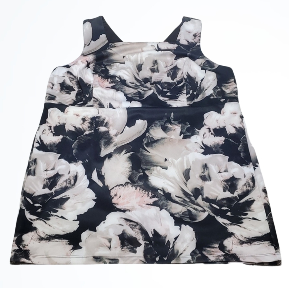 Venus Scuba Wide Neck Black White Floral Print Rear Full Zip Dress Size 22